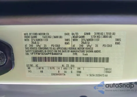 2023 Ford F-150 Lariat из США, поврежденный, VIN 1FTFW1E54PFB46010